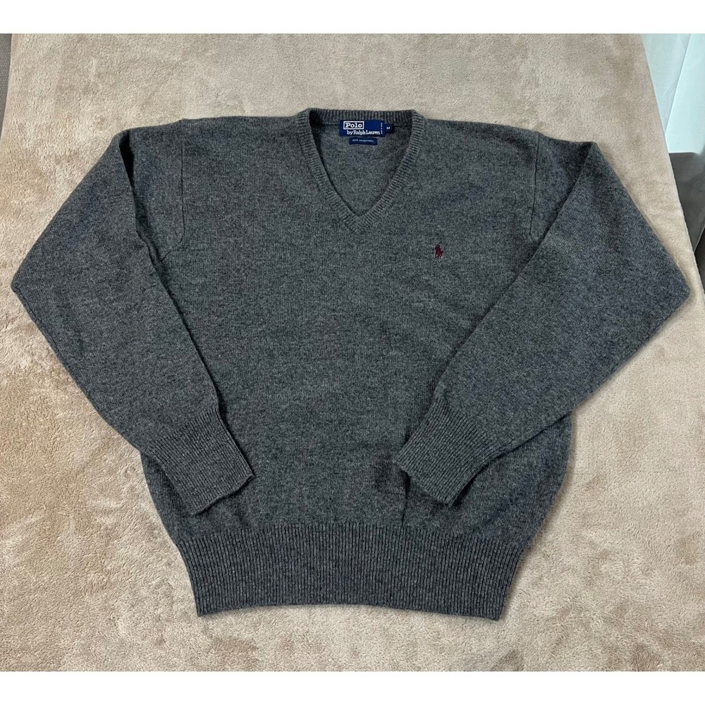 Vintage Polo Ralph Lauren Sweater Men's M Gray 100% Lambs Wool V-Neck L/S EUC